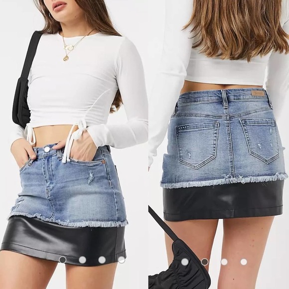 Blank NYC Dresses & Skirts - BLANK NYC Distressed Denim and Black Faux Leather Stretchy Mini Skirt Size: 27